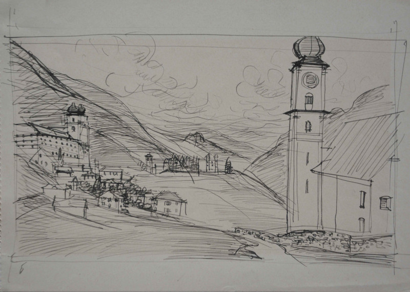 Berglandschaft mit Kirche und Kloster