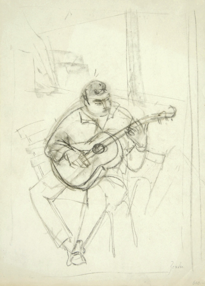 Gitarrenspieler auf Stuhl sitzend