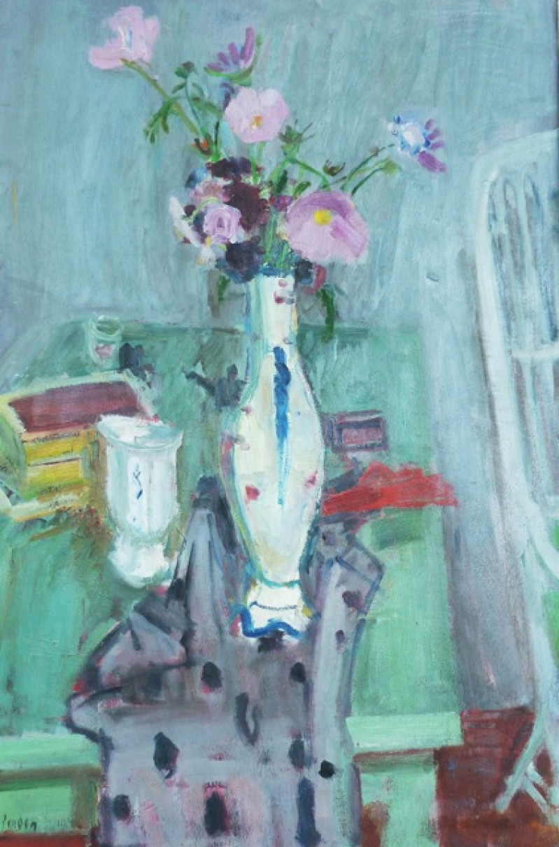 Blumenstillleben mit lila Mohnblumen, verso Malschule beim Aktzeichnen