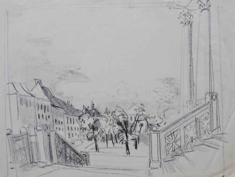 Häuserzeile mit Säule und Treppenaufgang