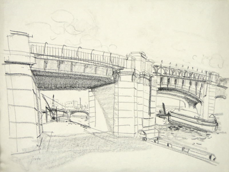 Flusslandschaft mit Brücke, verso Sandaufschüttung mit Burg am Meer