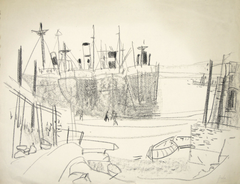 Skizze, Hafen mit vier Frachtern