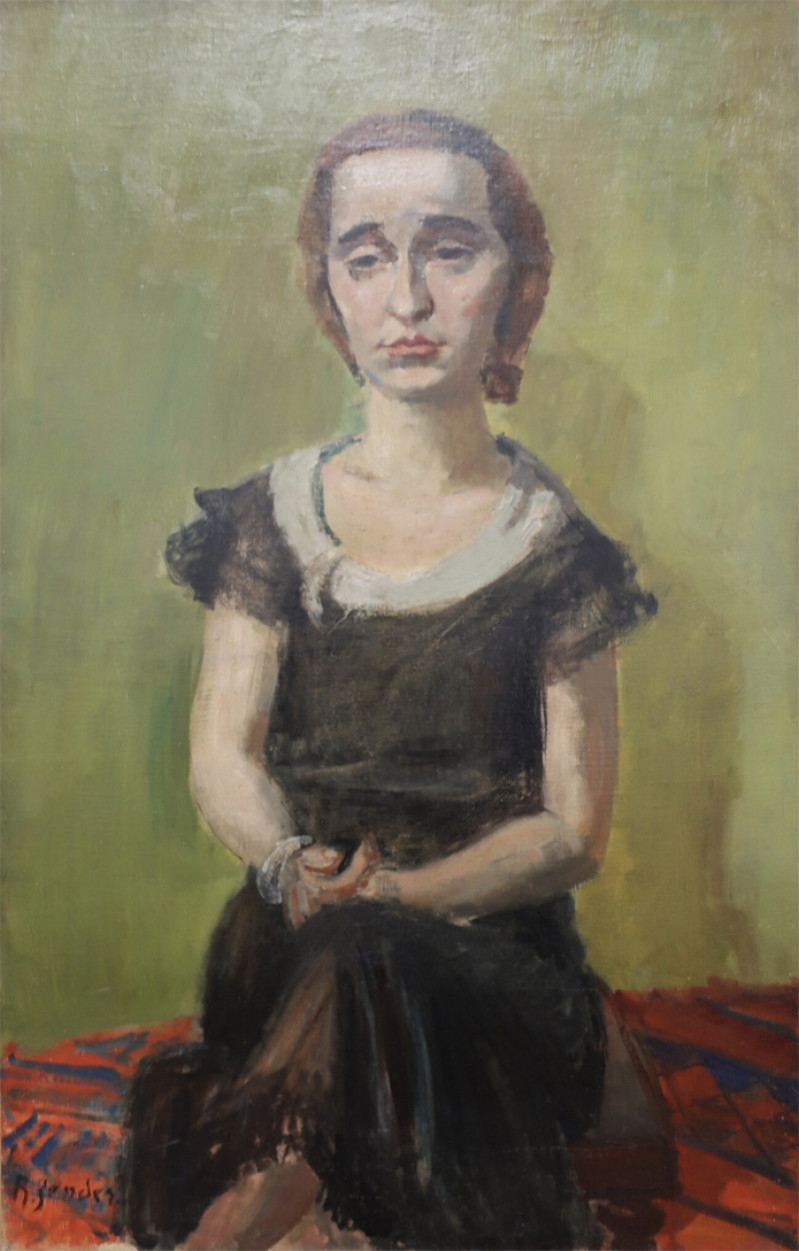 Sitzende Frau. Öl auf Leinwand, rentoilliert, links unten signiert: R. Zender. 100 x 65