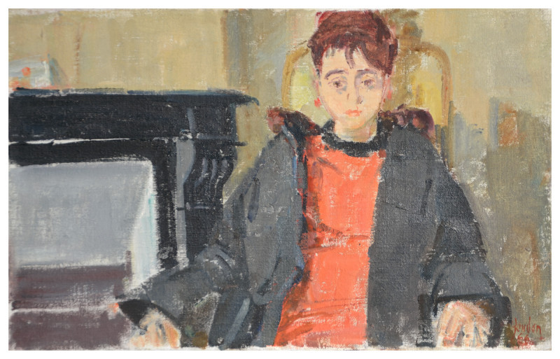 Annette Bäschlin in rotem Kleid, sitzend, 1966