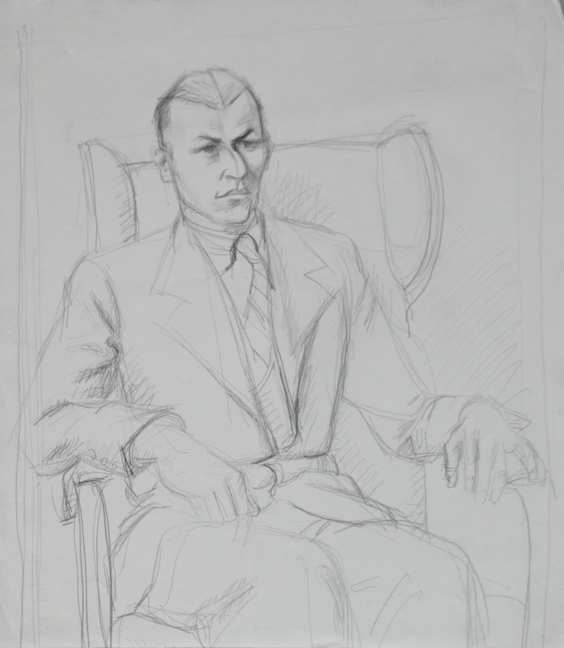 Porträt eines sitzenden Mannes in Anzug und Krawatte