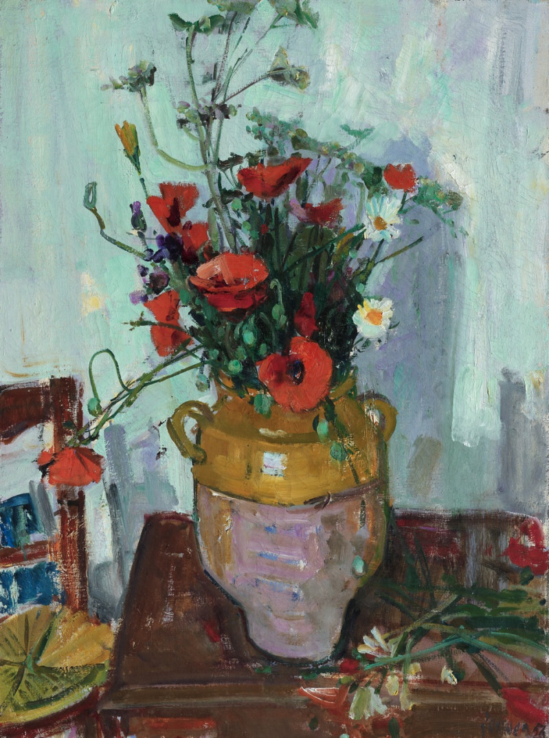 Blumenstillleben mit Mohn und Margeriten in Tontopf, 1956