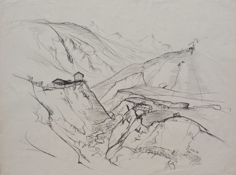 Skizze, Berglandschaft mit Bachbett, verso Val Staigr ?