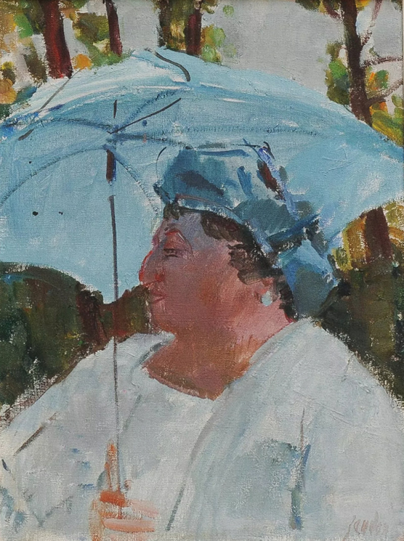 Frau mit blauem Sonnenschirm. Öl