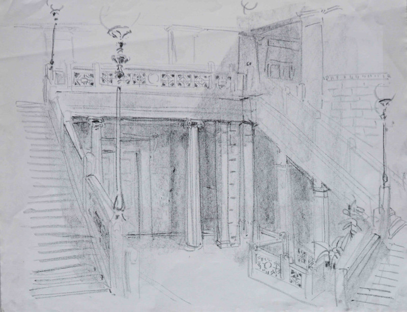 Treppenaufgang mit Laternen