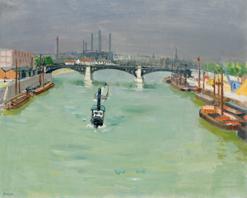 Stadtansicht von Paris mit Seine und Booten im Vordergrund, um 1935