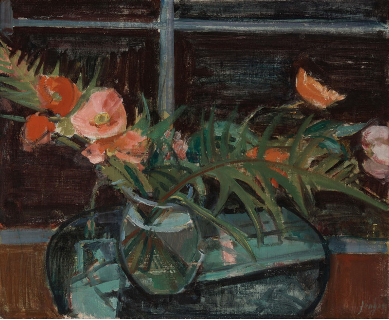 Stillleben mit Mohnblumen in Glasvase.