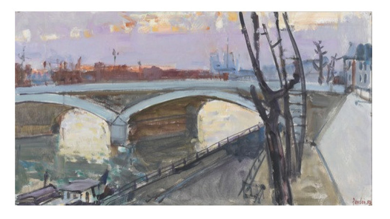 Abendliche Uferpartie an der Seine mit Notre-Dame im Hintergrund, 1959.