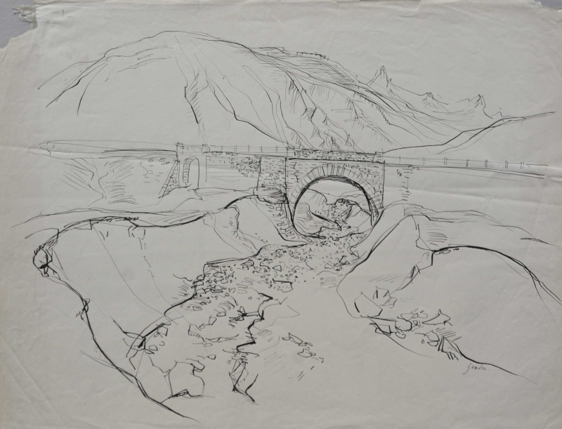 Skizze, Bergbach mit Brücke, verso die Brücke