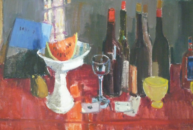 Stillleben mit Flaschen, Glas, Spielkarten und Wassermelone, 1961