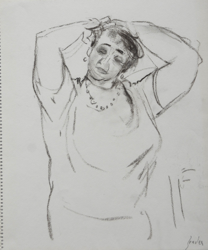 Porträt einer Dame mit den Armen auf dem Kopf