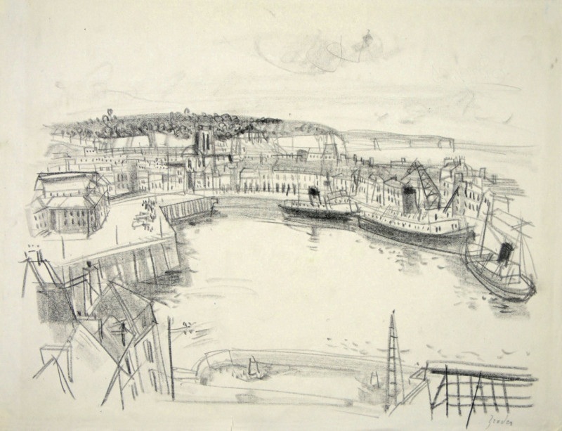 Hafenanlage mit drei Frachtern