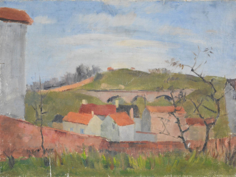 Landschaft mit Brücke, verso Baustelle